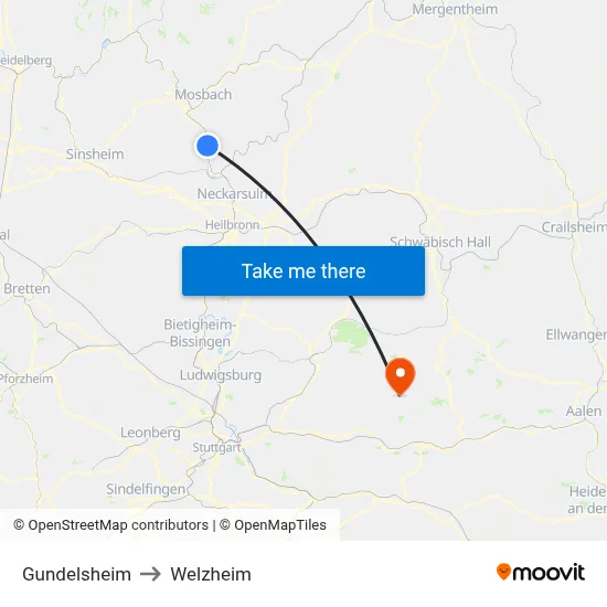 Gundelsheim to Welzheim map