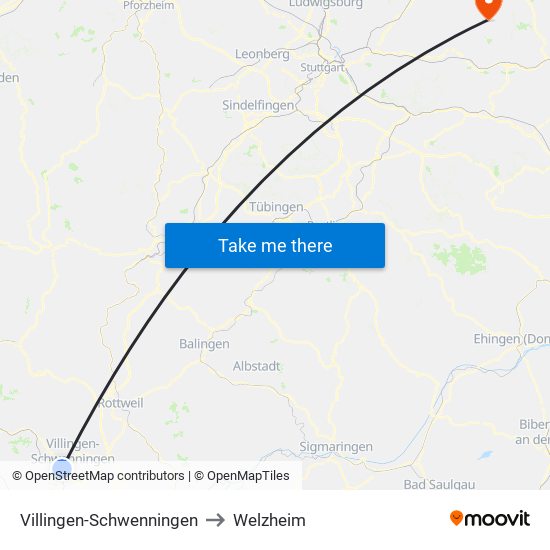 Villingen-Schwenningen to Welzheim map