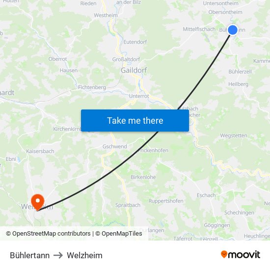 Bühlertann to Welzheim map