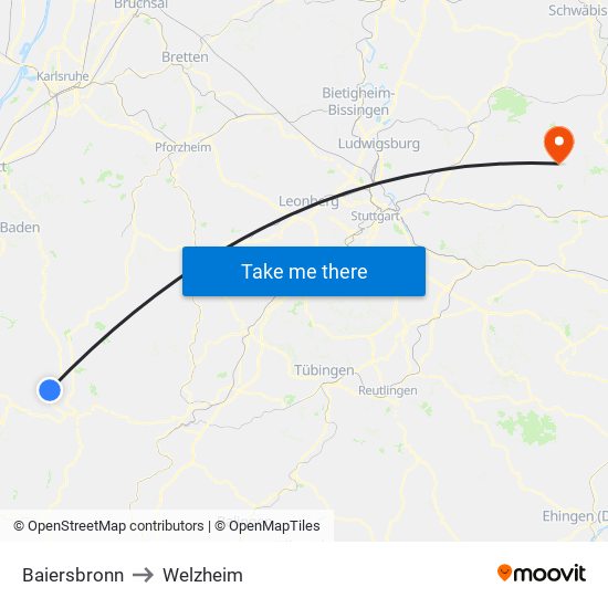 Baiersbronn to Welzheim map