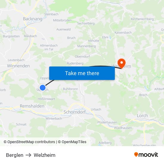 Berglen to Welzheim map
