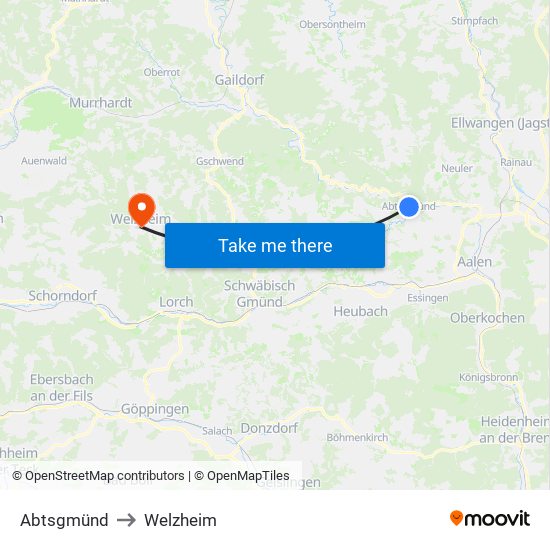 Abtsgmünd to Welzheim map