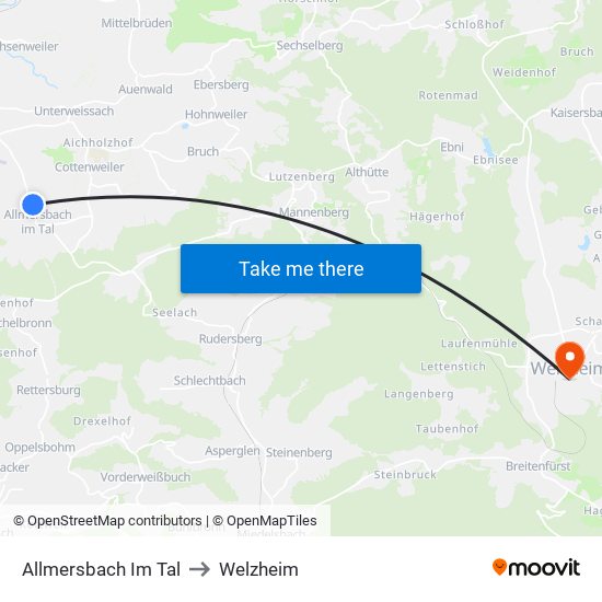 Allmersbach Im Tal to Welzheim map