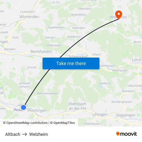 Altbach to Welzheim map