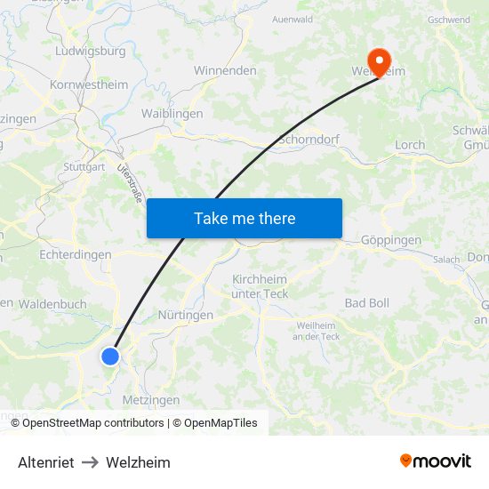 Altenriet to Welzheim map