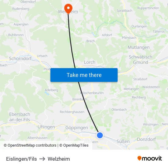 Eislingen/Fils to Welzheim map