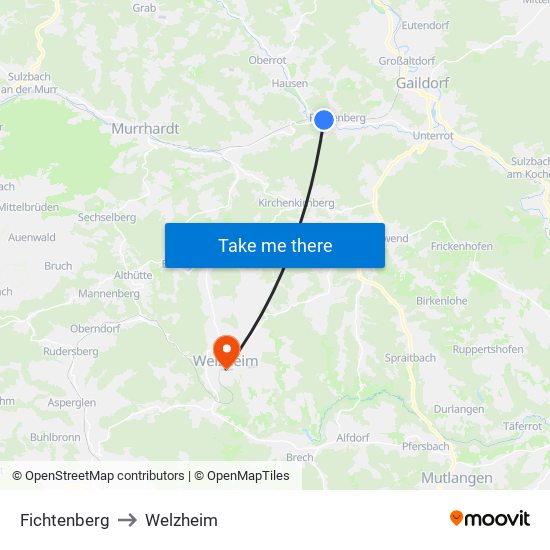 Fichtenberg to Welzheim map