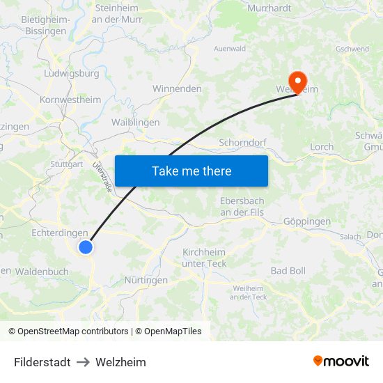 Filderstadt to Welzheim map