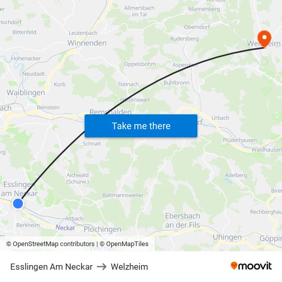 Esslingen Am Neckar to Welzheim map