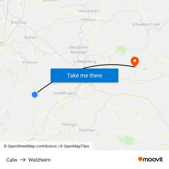 Calw to Welzheim map