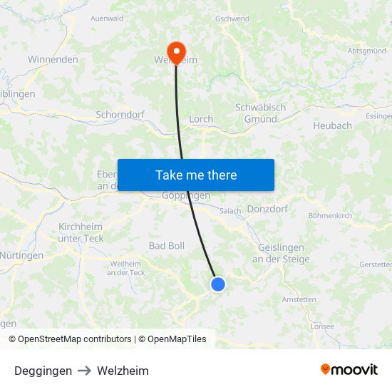 Deggingen to Welzheim map