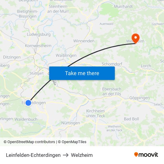 Leinfelden-Echterdingen to Welzheim map