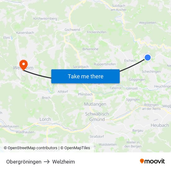 Obergröningen to Welzheim map