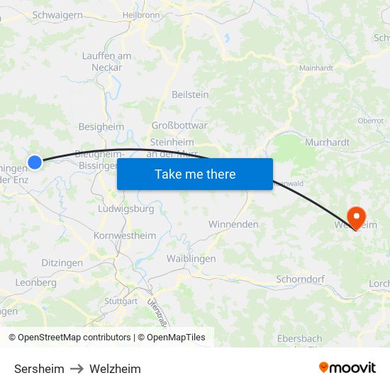 Sersheim to Welzheim map