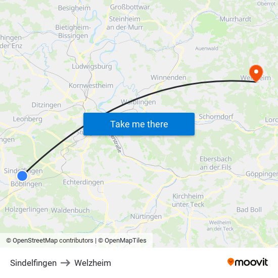 Sindelfingen to Welzheim map