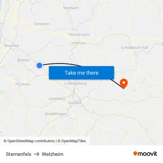 Sternenfels to Welzheim map