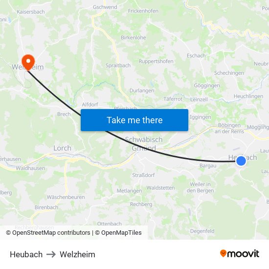 Heubach to Welzheim map