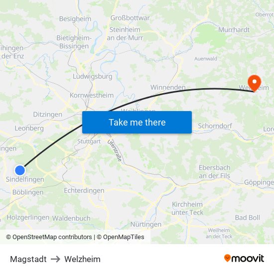 Magstadt to Welzheim map