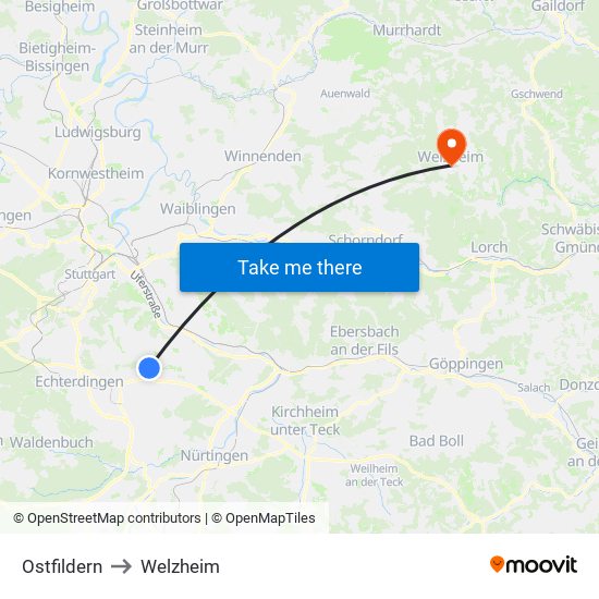 Ostfildern to Welzheim map