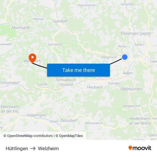 Hüttlingen to Welzheim map