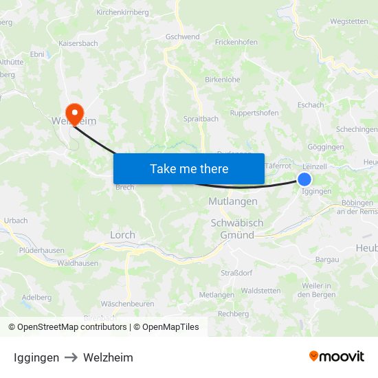 Iggingen to Welzheim map