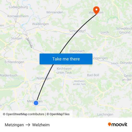 Metzingen to Welzheim map