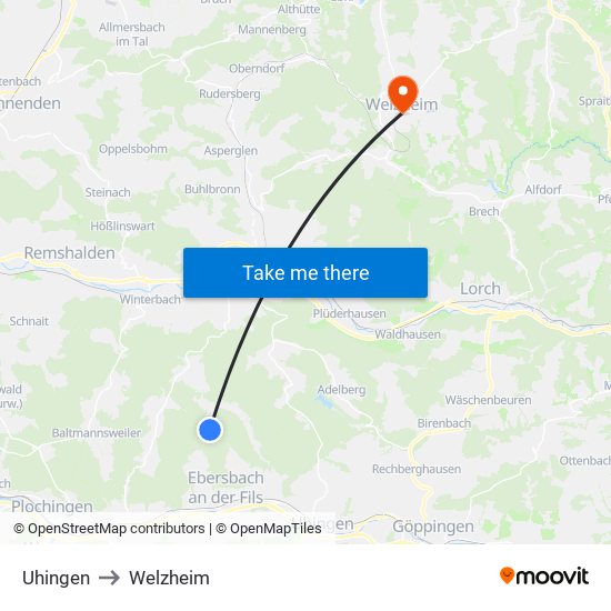 Uhingen to Welzheim map