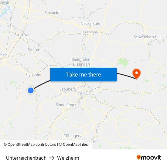 Unterreichenbach to Welzheim map