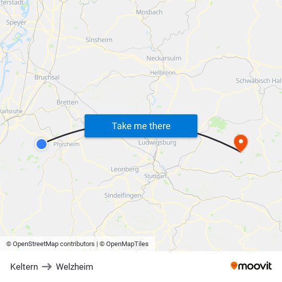 Keltern to Welzheim map