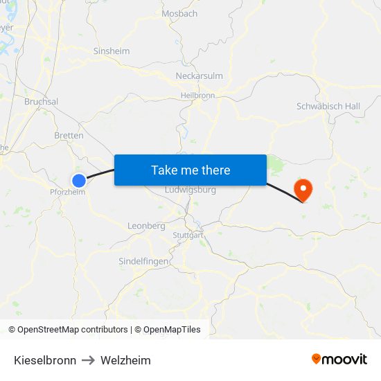 Kieselbronn to Welzheim map