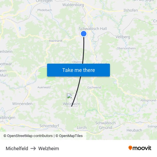 Michelfeld to Welzheim map