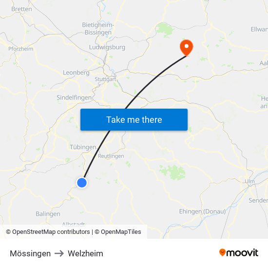 Mössingen to Welzheim map