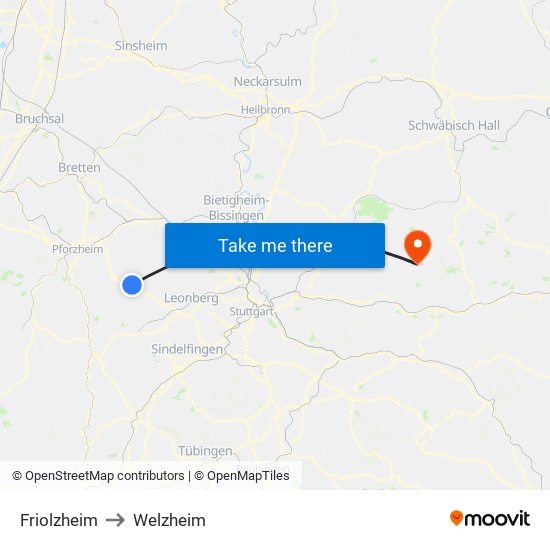 Friolzheim to Welzheim map