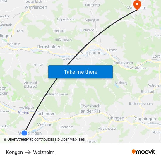 Köngen to Welzheim map