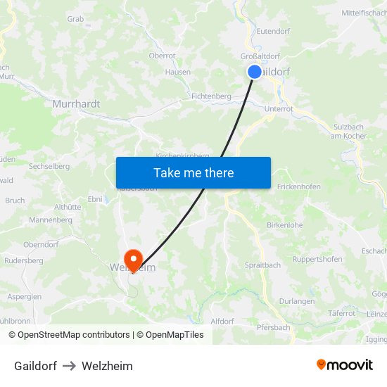 Gaildorf to Welzheim map