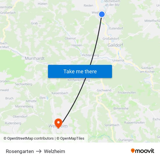 Rosengarten to Welzheim map