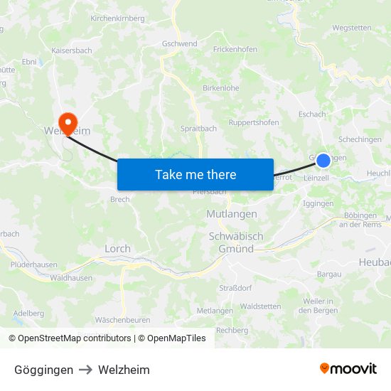 Göggingen to Welzheim map