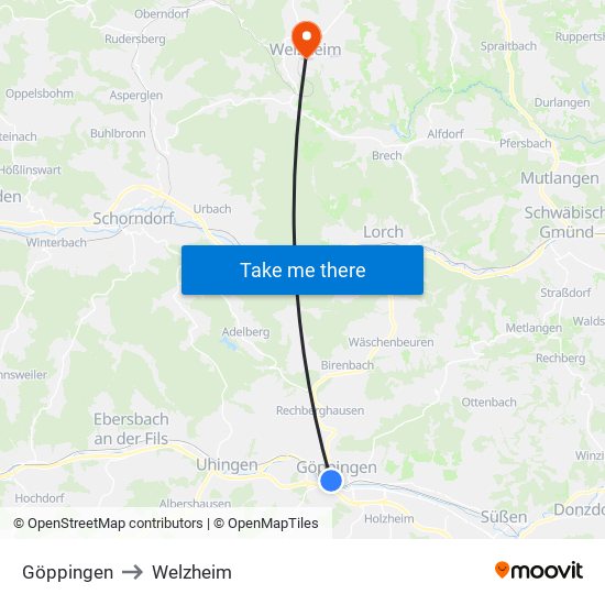 Göppingen to Welzheim map