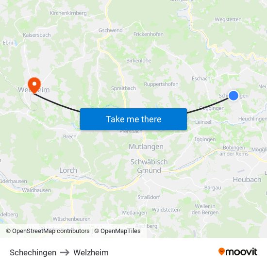 Schechingen to Welzheim map