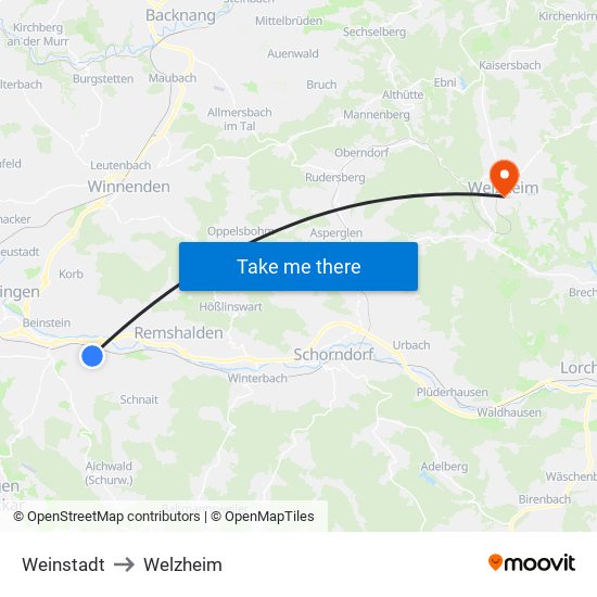 Weinstadt to Welzheim map