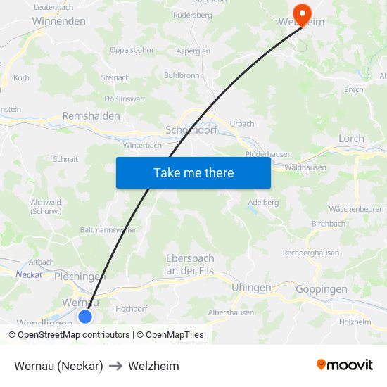 Wernau (Neckar) to Welzheim map