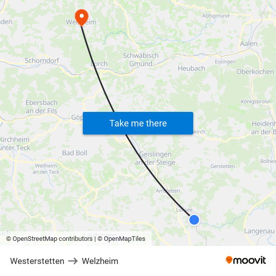 Westerstetten to Welzheim map