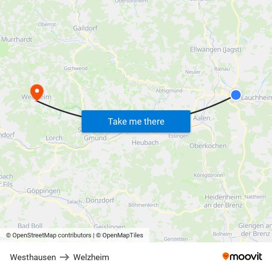 Westhausen to Welzheim map