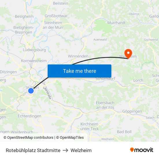 Rotebühlplatz Stadtmitte to Welzheim map