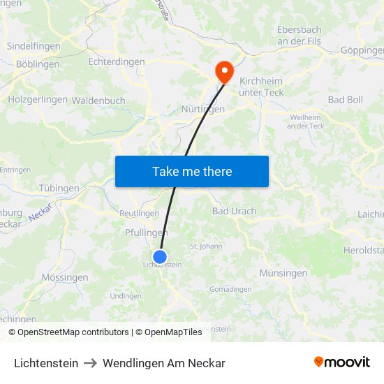 Lichtenstein to Wendlingen Am Neckar map