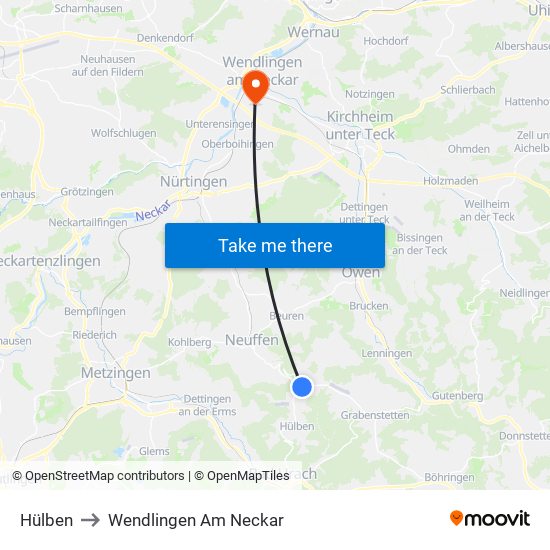 Hülben to Wendlingen Am Neckar map