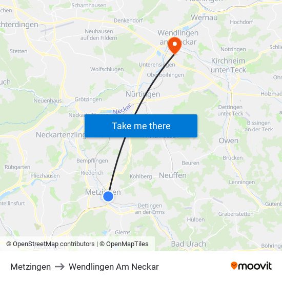 Metzingen to Wendlingen Am Neckar map