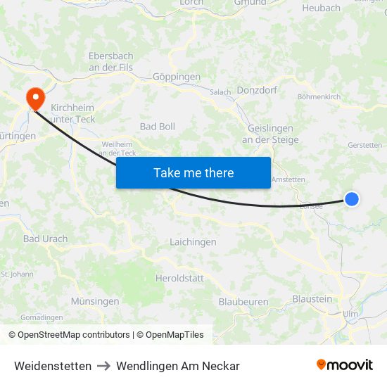 Weidenstetten to Wendlingen Am Neckar map