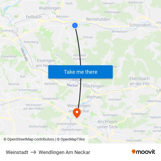 Weinstadt to Wendlingen Am Neckar map