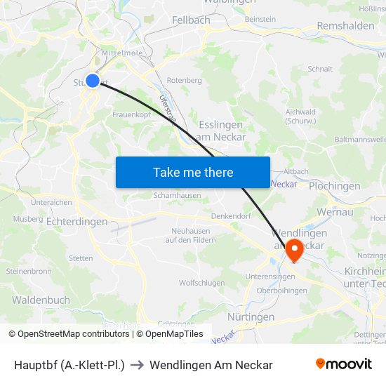 Hauptbf (A.-Klett-Pl.) to Wendlingen Am Neckar map
